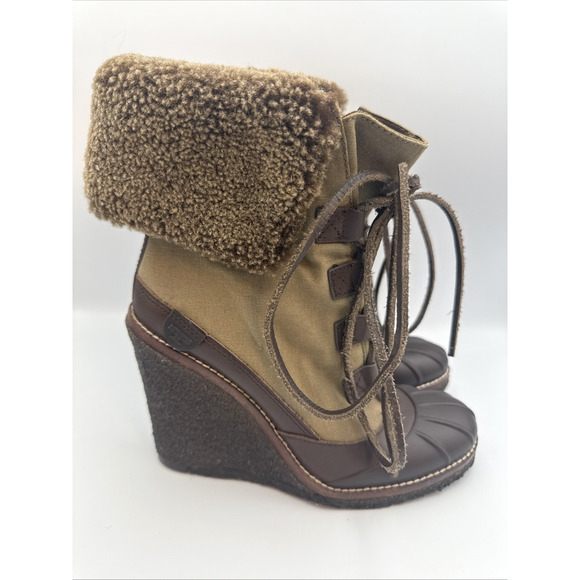 Tory Burch Boots Women Fairfax 8M Olive/ Brown Shearling LaceUp Combat Wedge - Picture 2 of 12